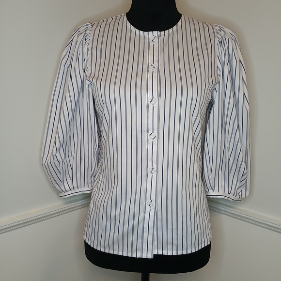 Madewell Puff Sleeves Navy Blue and White Striped Blouse NWOT Women's Size 00 - Picture 2 of 7